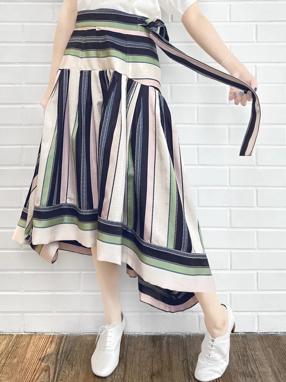 Pastel Stripes Tie-Waist Tiered High/Low Skirt