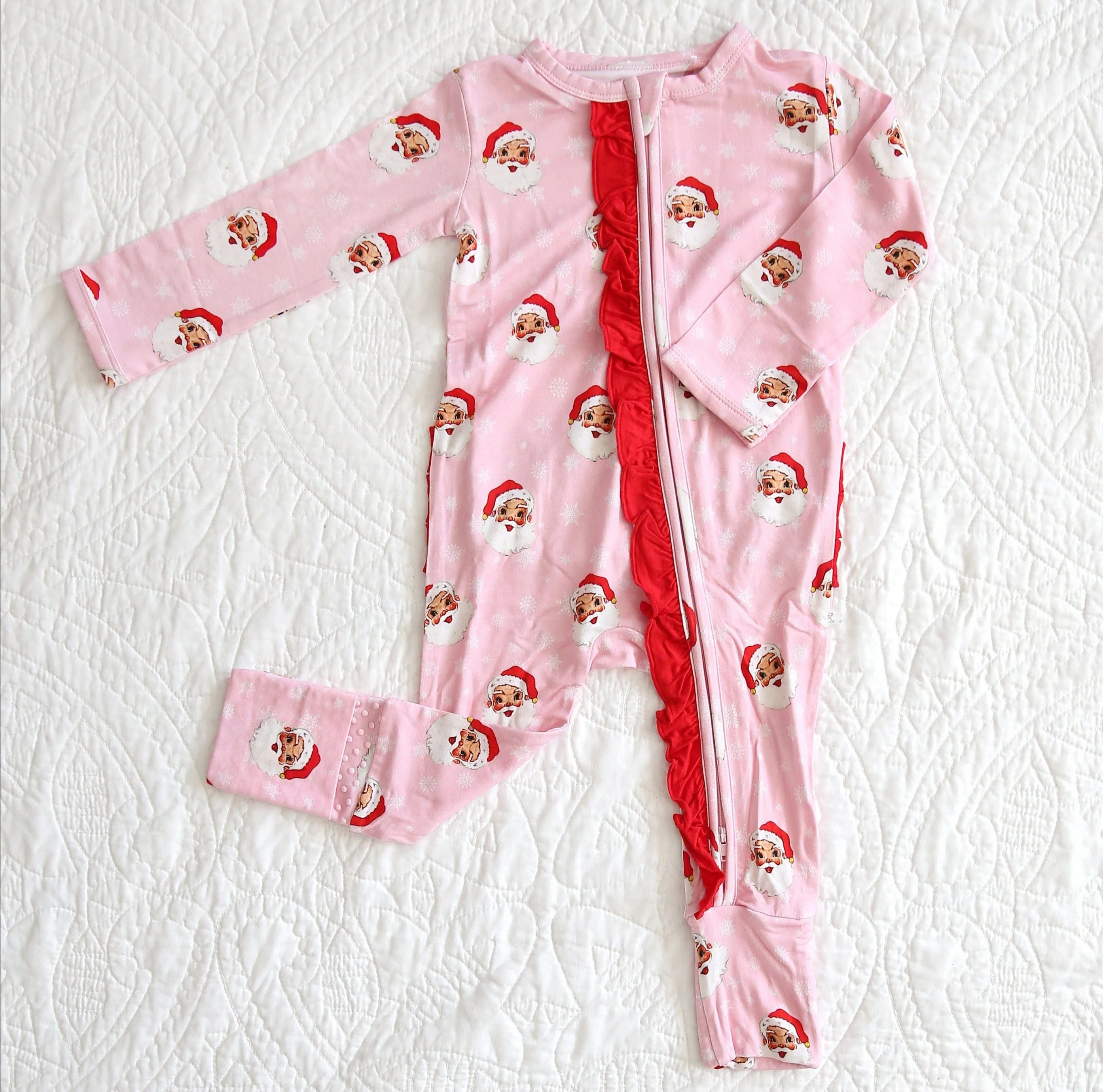 [Pre Order] Holiday Classics Merry & Pink - Bamboo Ruffled Zippy Romper (EST SHIP LATE OCT)