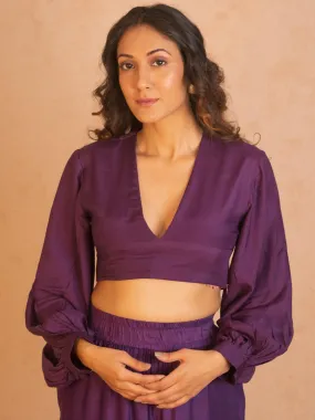 Silk Purple Gathered Sleeve Blouse