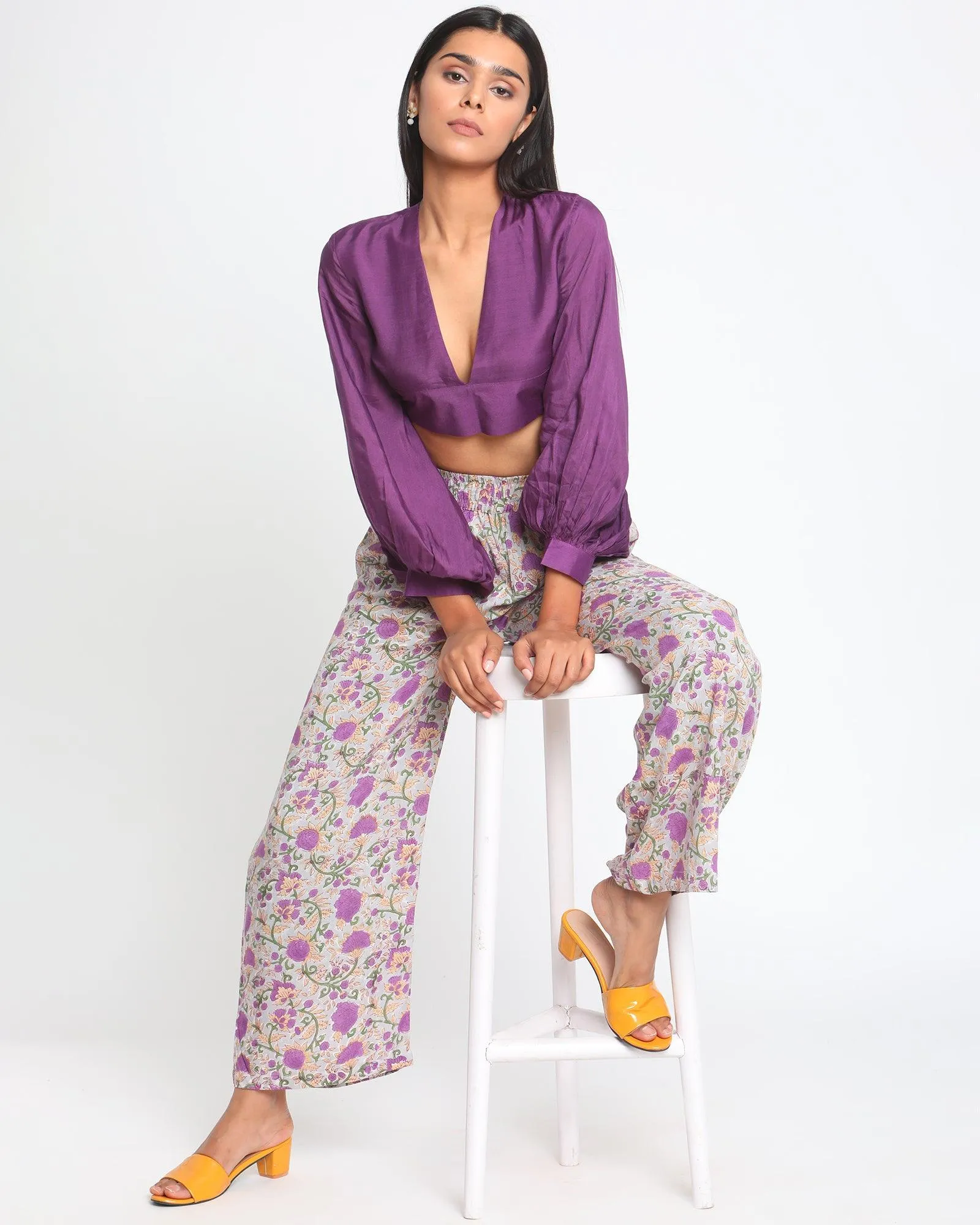 Silk Purple Gathered Sleeve Blouse