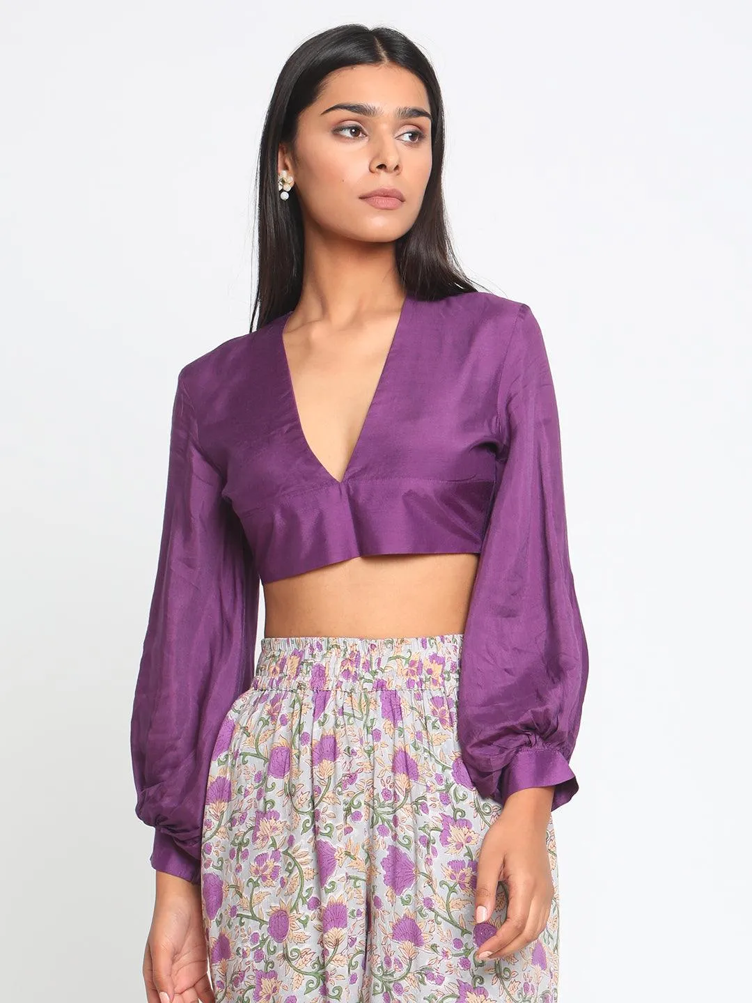 Silk Purple Gathered Sleeve Blouse