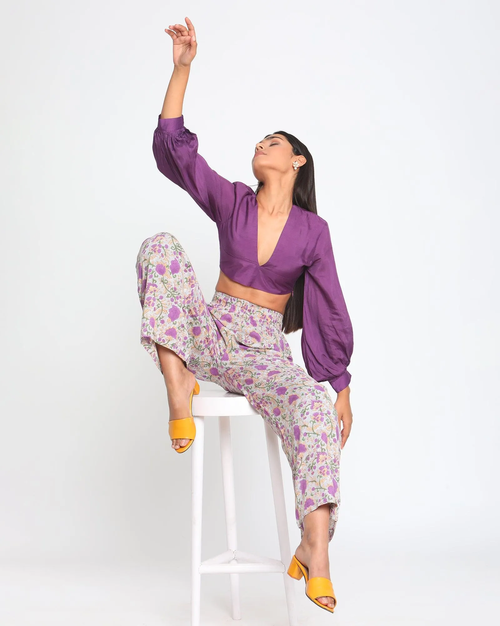 Silk Purple Gathered Sleeve Blouse
