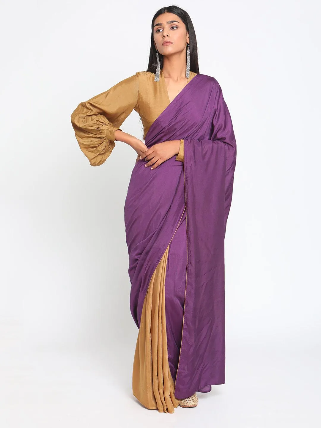 Silk Purple Gathered Sleeve Blouse