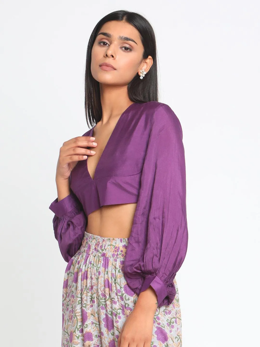 Silk Purple Gathered Sleeve Blouse