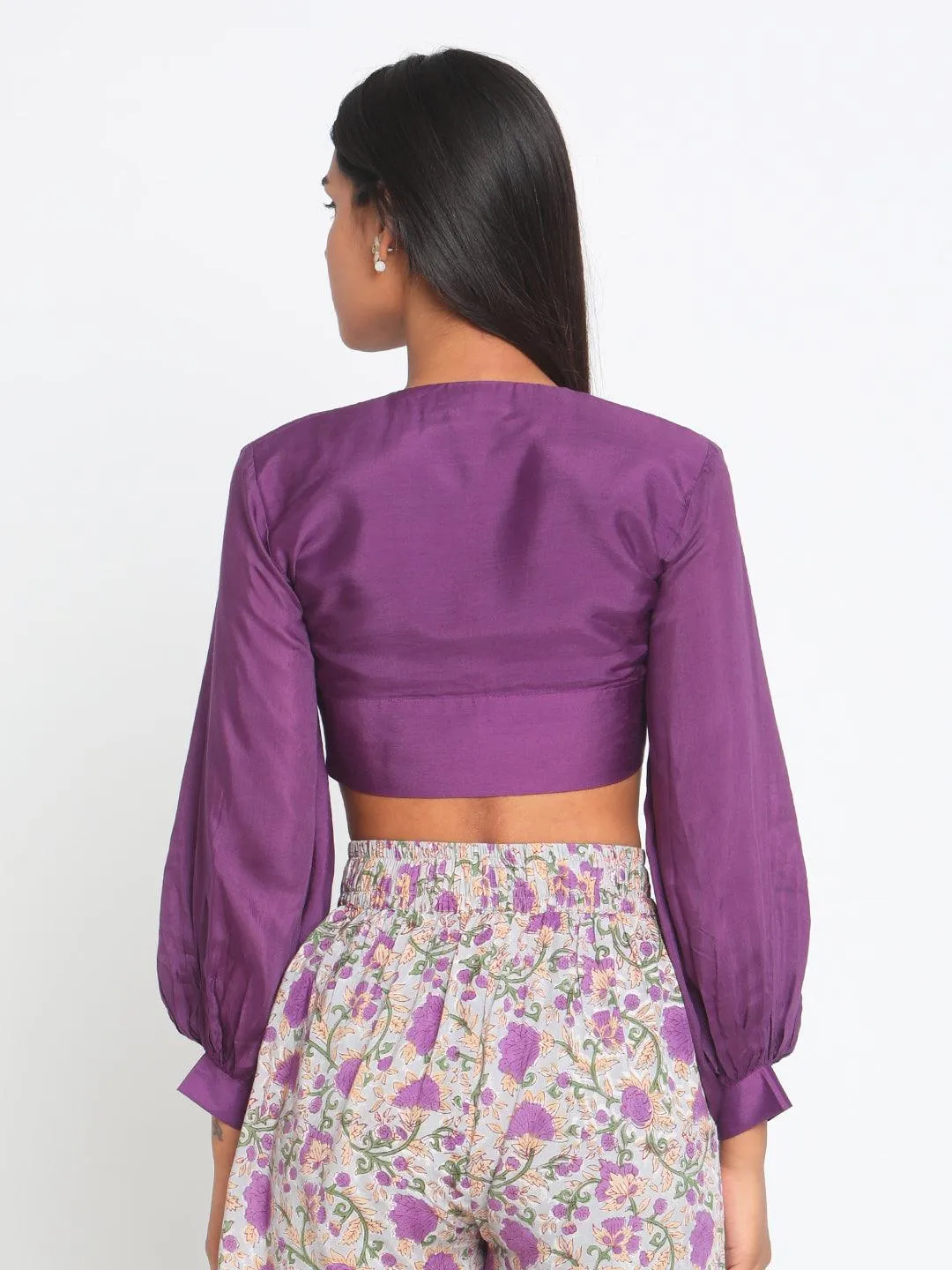 Silk Purple Gathered Sleeve Blouse
