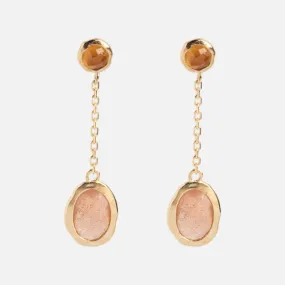 Solid Gold Orange Garnet and Sunstone Dusk Drop Earrings