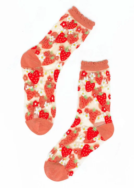 Strawberry Daisy Ruffle Sheer Crew Socks