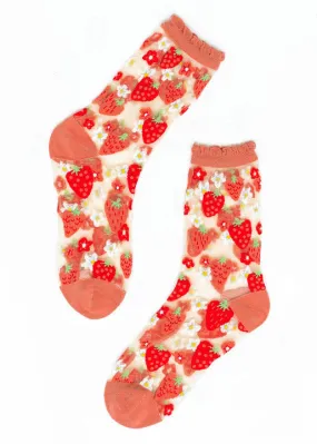 Strawberry Daisy Ruffle Sheer Crew Socks